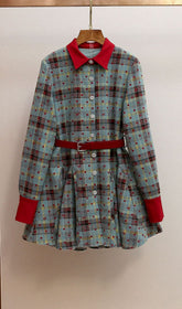 Humla Plaid Bow Mini Dress with Red Collar & Belt