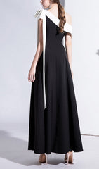 Chic Black One-Shoulder Maxi Gown with Contrast White Bow Detail
