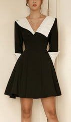 Chic Black & White Contrast Collar V-Neck Mini Dress
