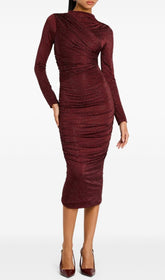 Devika Shimmering Wine Ruched Bodycon Midi Dress