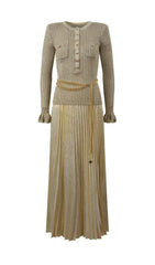 Glamorous Gold Lurex Ribbed Knit Maxi Dress with Statement Chain Belt