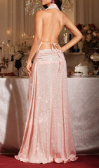 Fima Opulence Sparkling Rhinestone Halter Plunge Neck Maxi Gown with Slit