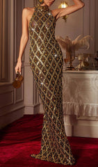 Liora Opulent Gold Sequin Crystal Halter Maxi Dress