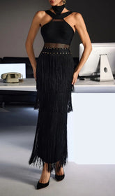 Fermin Women's Black Halterneck Bandage Fringe Midi Dress