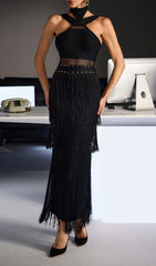 Fermin Women's Black Halterneck Bandage Fringe Midi Dress