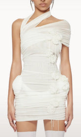 Elese White 3D Floral Ruched Mesh Halter Mini Dress
