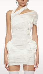 Elese White 3D Floral Ruched Mesh Halter Mini Dress
