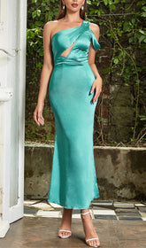 Daring One-Shoulder Satin Cutout Maxi Dress