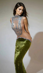 Shelyn Dazzling Emerald Velvet Rhinestone Mermaid Maxi Gown