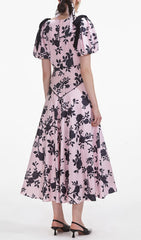 Filip Pink Floral V-Neck Midi Dress with Puff Sleeves & Tie Details