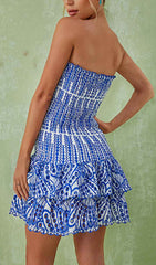 Effortless Blue Broderie Anglaise Strapless Ruffle Mini Dress