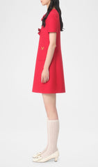 Elegant Red Crepe Couture Short Dress with Chic Bows & V-Gold Accents