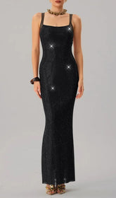 Jouncegrid Black Rhinestone Backless Maxi Dress
