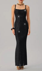 Jouncegrid Black Rhinestone Backless Maxi Dress