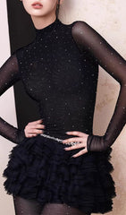 Jazelle Black Sheer Rhinestone Long Sleeve Ruffle Mini Dress