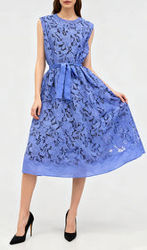 Illyria Blue Floral Lace Midi Dress with Belt