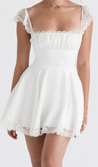 Romantic White Linen & Lace Mini Dress