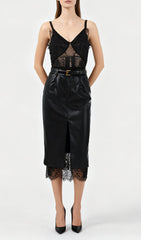 Ilta Black Lace & Vegan Leather Midi Dress
