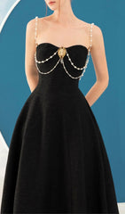 Ilyssa Black Pearl Draped Strapless Midi Dress