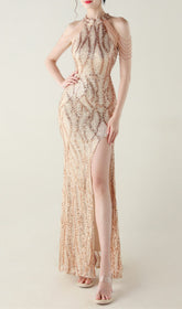 Ikra Glamour Halter Sequin High Slit Maxi Dress