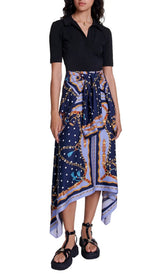 Chic Scarf Print Mixed Media Midi Dress with Asymmetrical Hem