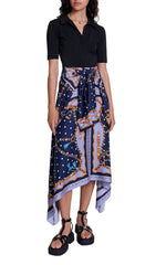 Chic Scarf Print Mixed Media Midi Dress with Asymmetrical Hem