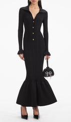 Chic Black Ribbed Knit Fluted Midi Dress