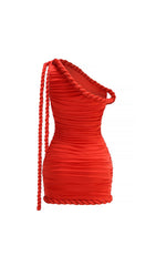 Iantha Daring Red Rope-Detail One-Shoulder Ruched Mini Dress