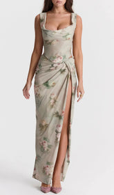 Vintage Floral Draped Corset Top & High-Slit Maxi Skirt Set