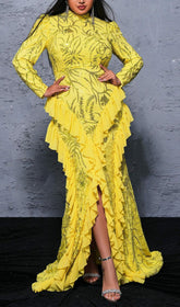 Showstopping Belia Yellow Sequin Ruffle Long Sleeve Plus Size Maxi Dress