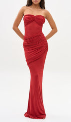 Gucin Glamorous Red Strapless Ruched Mesh Maxi Dress