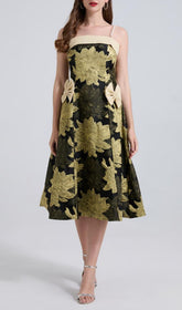 Faylinn Elegant Golden Floral Brocade Midi Dress with Pearl & Bow Details