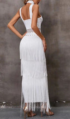 Glamorous White Halterneck Bandage Fringe Midi Dress