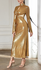 Glamorous Gold Shimmer Bell Sleeve Cutout Maxi Dress