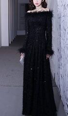 Showstopping Black Sequin Feather Off-Shoulder Long Gown