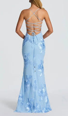Jaleh Enchanting Blue Floral Backless Maxi Gown