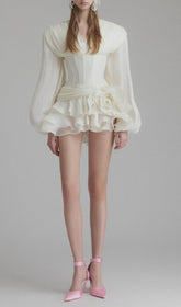 Darion White Glamorous Corset Mini Dress with 3D Floral & Voluminous Sleeves