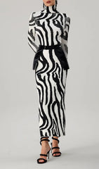 Farrux Zebra Print High-Neck Bodycon Maxi Dress