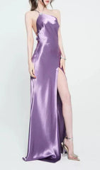 Faith Glamorous Purple Satin Halter Backless Maxi Gown with Thigh Slit