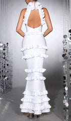 Haina White Halter Ruffle Bandage Maxi Dress