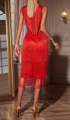 Chava Red V-Neck Fringe Midi Dress