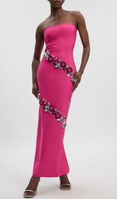 Fuchsia Pink Strapless Floral Sequin Bandage Maxi Gown