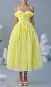 Finna Sunshine Yellow Ruffle Corset Midi Dress