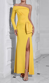 Camilla Radiant Yellow One-Shoulder Draped Maxi Dress with High Slit