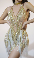 Fion Dazzling Gold & Silver Sequin Tassel Mini Dress