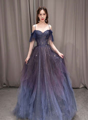 A Line Off the Shoulder Blue Purple Gradient Color Tulle Prom Dresses
