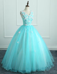 Adorable Light Blue Tulle with Flowers Floor Length Ball Gown Formal Dress