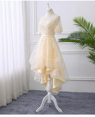 Adorable Light Champagne High Low Party Dress with Lace Applique