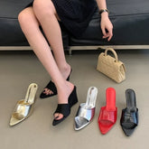 Aneikeh Red Patent Leather Wedge Heel Mules Open Toe Pointed Slippers Elegant Sandals Party Office
