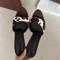 Aneikeh Horsehair Pointed Toe High Heel Slippers Female Leopard Print Mules Sandals Slide Shoes Zapatos De Mujer